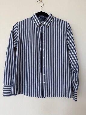 Women’s Navy and White Striped Button-Up Shirt